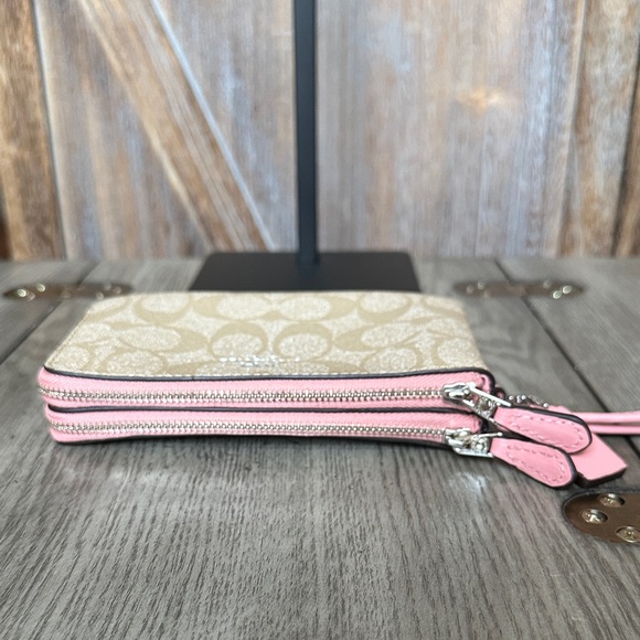 Coach Wristlet Wallet Double Zip Coated Canvas Light Khaki/Blush Bubblegum - Picture 6 of 14